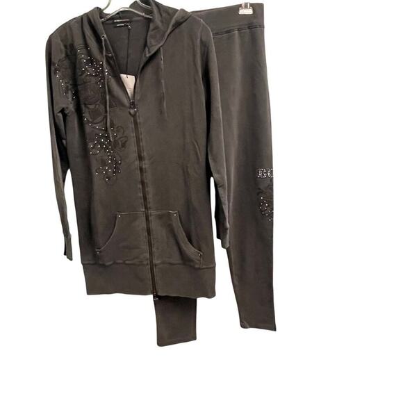 BCBG Bling Tracksuit Y2K Size Medium Black Grunge Jacket Pants Affliction Style - Picture 1 of 9